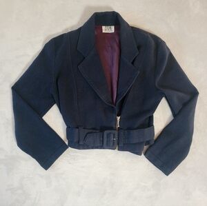 90s VTG Navy Cropped Belted Power Blazer 1940s Pinup Style Small